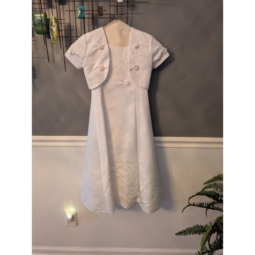 White Flower Girl Communion Baptism Formal Dress with Jacket Size 6x
